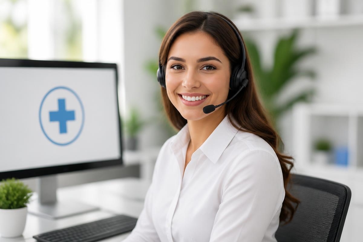 Atendente sorrindo com headset em um ambiente de trabalho moderno e acolhedor